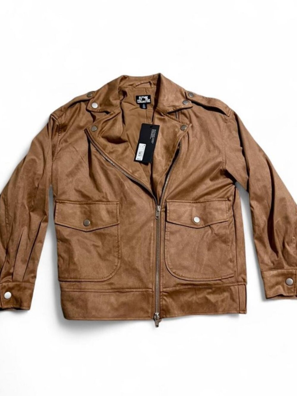 Future Collective Tan Faux Leather Jacket NWT Silver Hardware